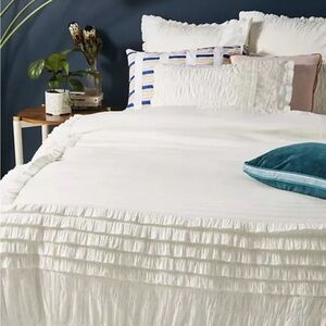 Anthropologie Sagebrush Duvet QUEEN Duvet White Cotton Ruffles Boho with 2 shams